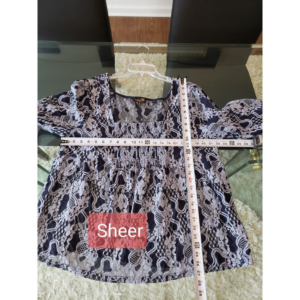 Women's Suzanne Betro Navy Lace Print 3X Top with Smocked Waist and Long Sleeves - Picture 9 of 9